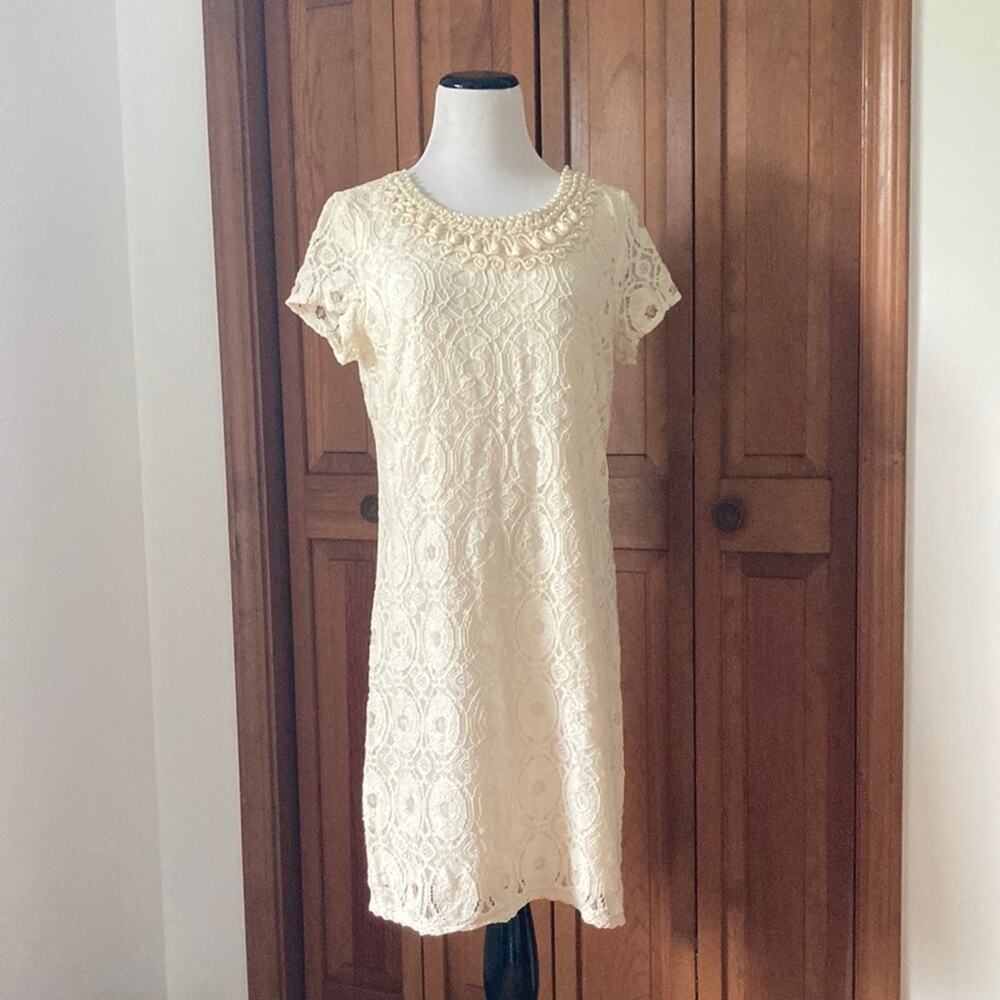 Ronni Nicole Cream Lace Beaded Shift Dress, Size 10